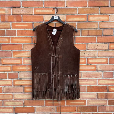 vintage 70s brown leather fringe vest  / l large 