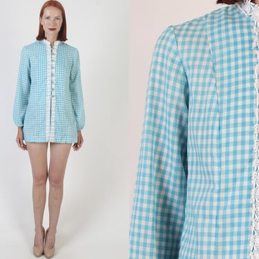 Gingham Micro Mini Dress, Americana Picnic Tunic, Short Checker Print, White Crochet Lace 