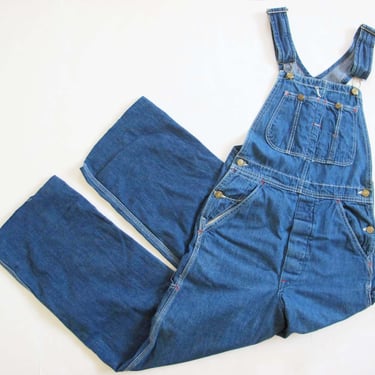 Vintage Denim Overalls XS S -  70s 80s Stretch Blue Jean Straight Leg Long Overall Pants - Workwear Dungarees 