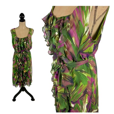 Y2K Abstract Chiffon Dress XL, Summer Sleeveless Midi Dress Size 16, Scoop Ruffle Front with Tie Belt 2000s Clothes Women Plus Size Clothing 