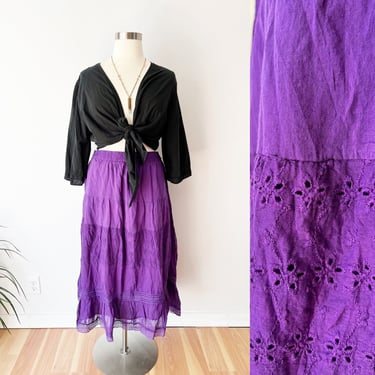 Size 1X 1990s Purple Cotton Eyelet Maxi Skirt / 80s Boho Broomstick Maxi Skirt  - Plus Size Vintage Skirt 
