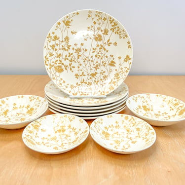 Sheffield Golden Meadow Ironstone Dishware Collection, Set of 6 Dinner Plates, 4 Bowls, Vintage Retro Yellow Floral Kitchen Serving Ware 