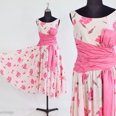 1950s Pink Floral Print Cotton Dress | 50s  Pink Flowers Party Dress | Pink Solid  Wide Cummerbund | Lord & Taylor | Small 