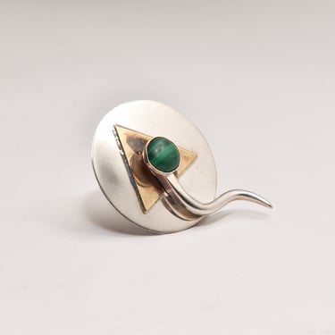 Signed Modernist Sterling Silver Malachite Brooch Pin, Abstract Two-Tone Circle Brooch, 38mm 