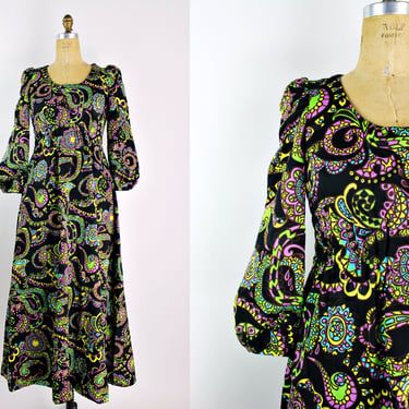60s Colorful Maxi Dress / Mod Dress / 60s Dress / Puffy Sleeves/ Psychedelic Dress / Neon Print / Size S/M 