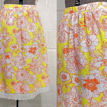 Vintage The Lilly Floral Skirt Yellow Orange White Suzie Zuzek Flowers Pulitzer Lace Trim 1970s 1960s Large Medium 