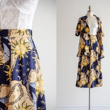 celestial silk skirt | 90s plus size vintage sun moon stars zodiac novelty print oversized blouse midi skirt set 