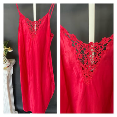 1970s 1980s Red Satin Nightie Lingerie Slip Dress 