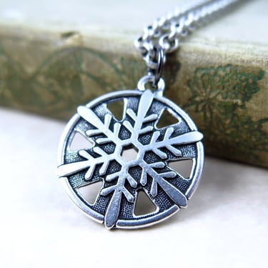 Silver Snowflake Necklace, Snowflake Pendant, Winter Jewelry, Antiqued Silver Pendant, Christmas Gift for Her 