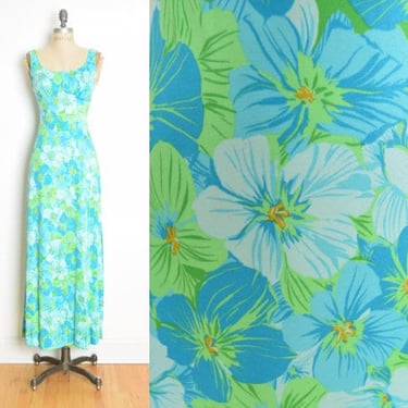 vintage 70s sun dress blue green floral print swimsuit long maxi hippie XS S clothing 