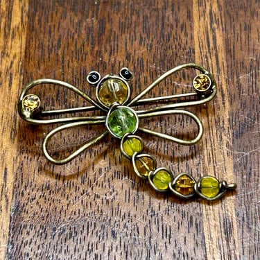 Dragonfly Brooch Brass Faceted Glass Stones Pin Vintage Retro Jewelry 