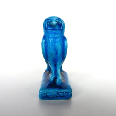 Vintage Egyptian Faience Blue Falcon Figurine, Small Turquoise Blue Ceramic Egyptian Bird Statue 