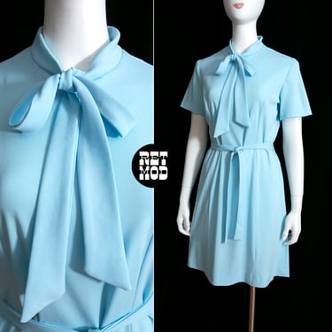 Sassy Vintage 70s Pastel Blue Pussybow Short Sleeve Dress 