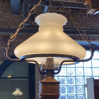 Hanging Milk Glass w Wood and Brass Base