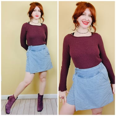 1990s Vintage Lizwear Denim Check Skort / 90s Blue Plaid Pearl Snap Mini Skirt / Large 