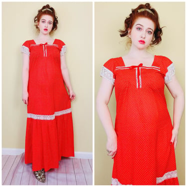 1970s Vintage Napili Hawaiian Red Maxi Dress / 70s / Seventies Puffed Sleeve Heart Print Prairie Dress / Medium - Large 