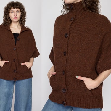 Large 80s Irish Wool Short Sleeve Fisherman Cardigan | Vintage Brown Cable Knit Button Up Sweater Top 
