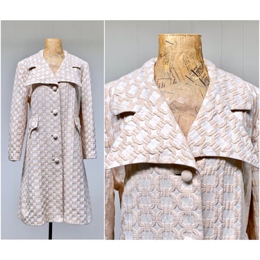 Vintage 1960s Mod Summer Coat, 60s Ivory/Beige Chainlink Pattern, A-Line Princess Seam Wide Lapel, Mid-Century Outerwear, Small to Medium 