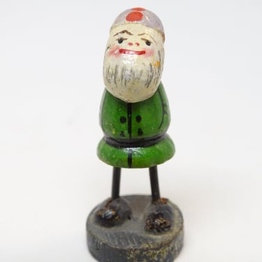 Antique German Wooden Santa, Vintage Hand Painted Miniature Christmas Toy for Putz or Nativity, Erzgebirge Germany 