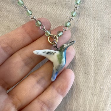 Handmade Hummingbird Charm | Hand-painted Porcelain Pendants | Ceramic Small Bird Necklace | Carabiner Chain Gold-plated Necklace 