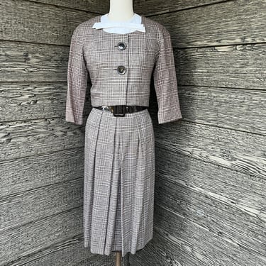 1950s brown checker skirt suit big bow sleeveless dress / cropped jacket small 