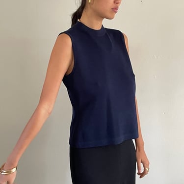 St John sleeveless sweater / vintage navy midnight blue St John santana knit sleeveless mockneck shell sweater top made in USA | Medium 