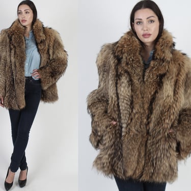 Genuine 80s Tanuki Fur Coat / Real Raccoon Fur Jacket / Mens Womens Shaggy Winter Ski Jacket / Vintage Warm Outdoors Snow Coat 