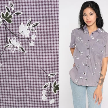 Button Up Shirt 90s Floral Blouse Purple Flower Print Gingham Shirt Checkered Short Sleeve Top 1990s Vintage Small Petite 