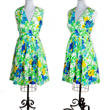 1960s Dress ~ Colorful Pleated Sleeveless Spring Dress 