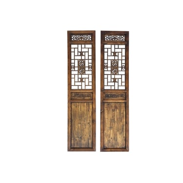 Pair Vintage Tall Flower Bird Geometric Pattern Raw Wood Door Panels cs7830E 
