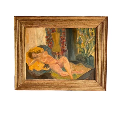 Nude framed painting in soft warm vibrant colors and gold wood frame 