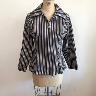 Brown Striped Zip-Up Top with Squirrel Zipper Pull - 1970s 