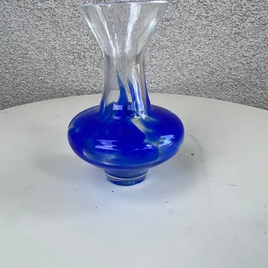 Vintage mini hand blown glass vase clear with blue base size 5” x 2.5” 