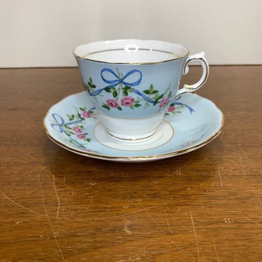 Vintage Mayfair China Tea Cup and Saucer Blue Ribbon and Roses 