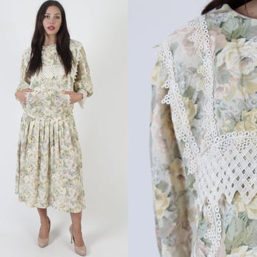 Romantic Crochet Trim Drop Waist Garden Dress, Vintage 80s Deco Inspired Wedding Gown, Flower Bouquet Print Loose Fitting Sundress 