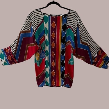 Vintage Patterned Blouse with Dolman Sleeves, Size 4 
