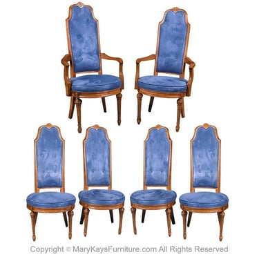 Six French Louis XVI High Back Blue Velvet Walnut Dining Chairs 