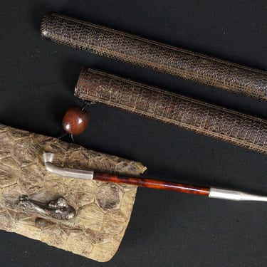 Japan antique silver Kiseru pipe 1800 Edo hand craft tobacco case Hoite 