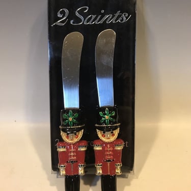 2 saints 2 piece nutcracker spreader set red green gold enameled and jeweled, glam Christmas decor, Christmas table decor 