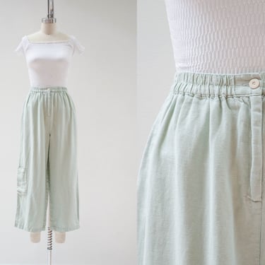 green linen pants | 90s y2k vintage pastel mint green elastic waist loose baggy wide leg cropped cargo pants 