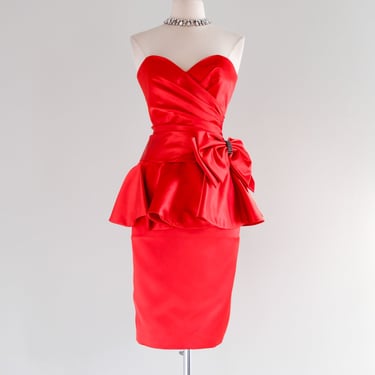 Sweetest 1980's Holiday Red Strapless Party Dress with Giant Bow / Sz M