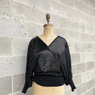 Vintage Sweater Retro 1980s Laure Chouret + Taroki Firenze  + Beaded + Black + Lurex + Silk + Dolman Sleeve + Pullover + Made in Italy 