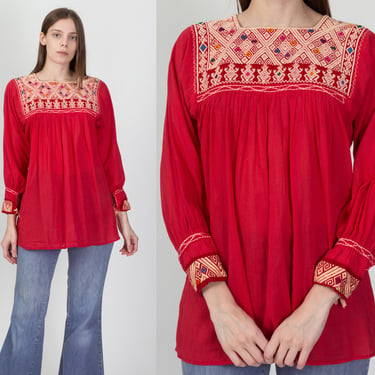 70s Embroidered Balkan Folk Blouse - Small to Medium | Vintage Red Gauzy Boho Traditional Peasant Top 