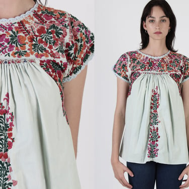 Traditional Sage Oaxacan Floral Embroidered Mexican Blouse 
