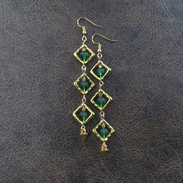 Long green frosted glass and gold earrings, geometric earrings 