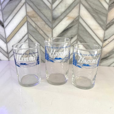Vintage Hamm's Beer Chaser Glasses, Blue Decal "Land of Sky Blue Waters", Set of 3, Tasting Glass, Vintage Collectible Bar Barware Glassware 