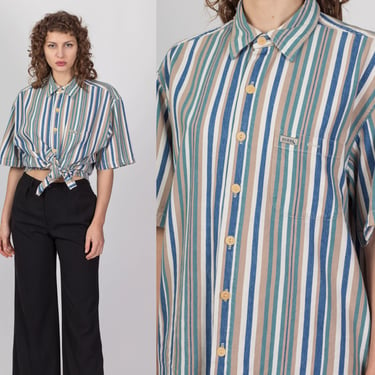 90s Guess Jeans Striped Shirt - Men's Medium | Vintage Oversize Short Sleeve Button Up Top 