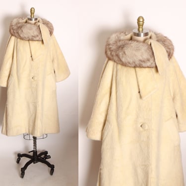1950s 1960s Cream Off White Fuzzy Mohair Gray and White Fox Fur Collar Scarf Wrap Swing Coat by Lilli Ann -XL 