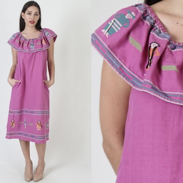 Purple Guatemalan Aztec Print Dress / Off The Shoulder Dress From Guatemala / Woven Mexican Ethnic Village Embroidered 