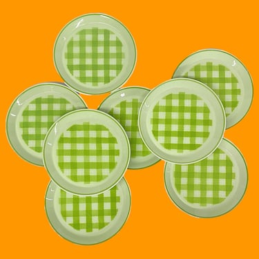 Vintage Mikasa Checkmates Salad Plates Retro 1970s Mid-Century Modern + Spearmint C4482 + Porcelain + Set of 8 + Green Gingham + MCM Kitchen 